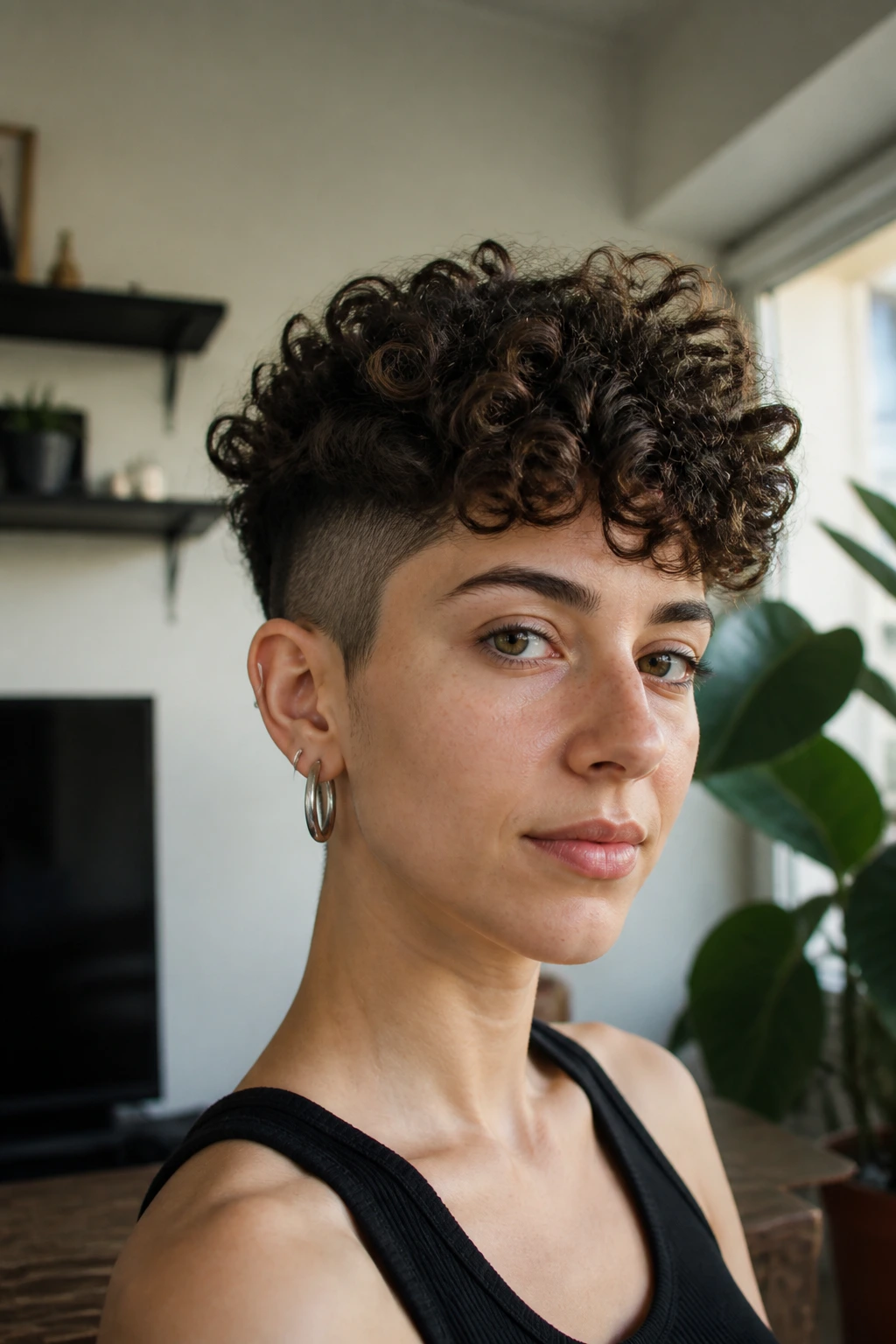 Real person with curly crown and shaved sides
