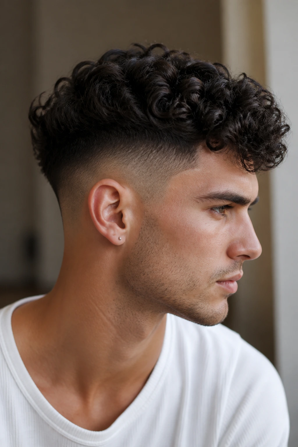Close-up of a real person with curly crown undercut and clipped sides