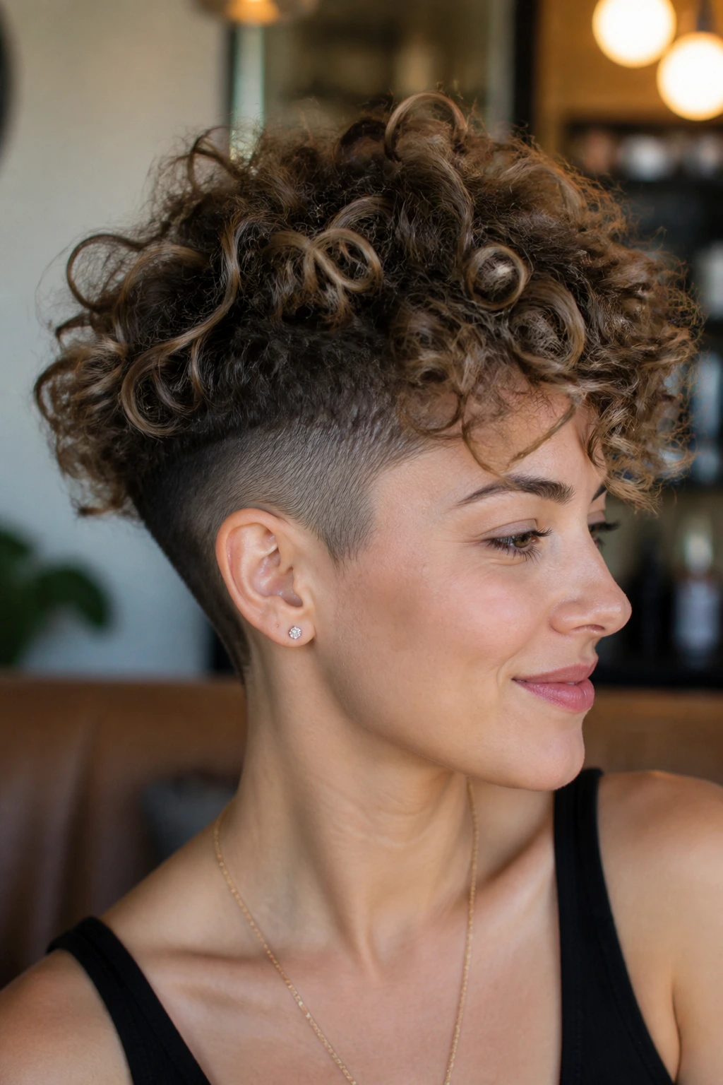 Close-up portrait of a real woman with curly crown and undercut hidden beneath