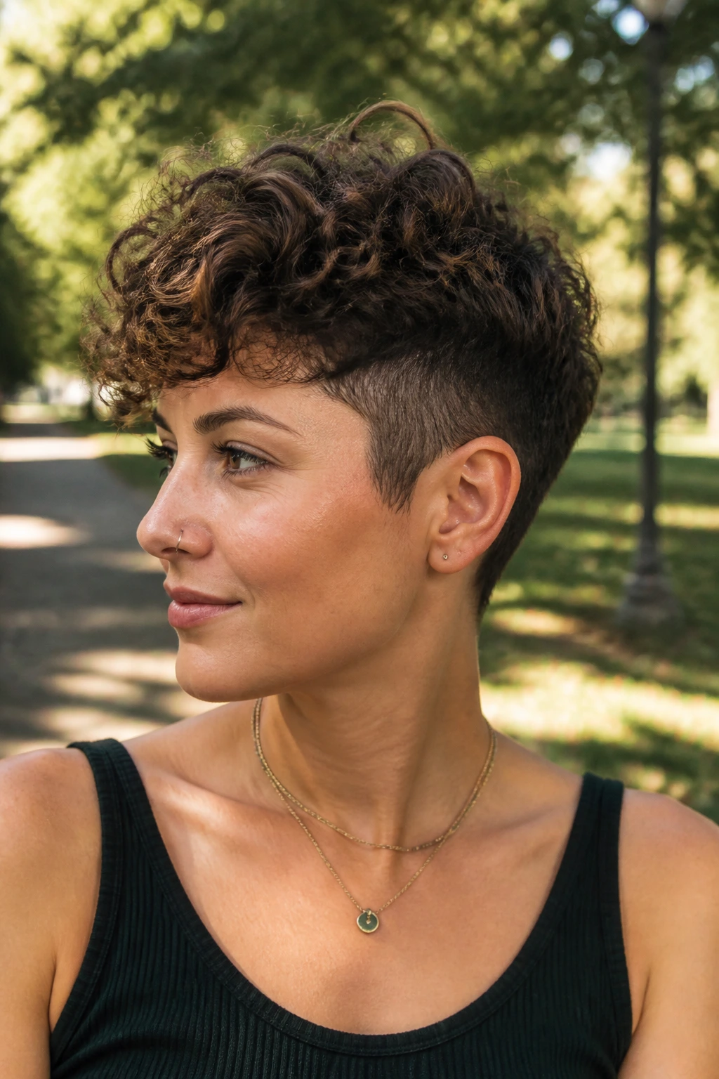 Portrait of a real woman with a curly crown undercut pixie, curls lifted at the crown and shaved sides