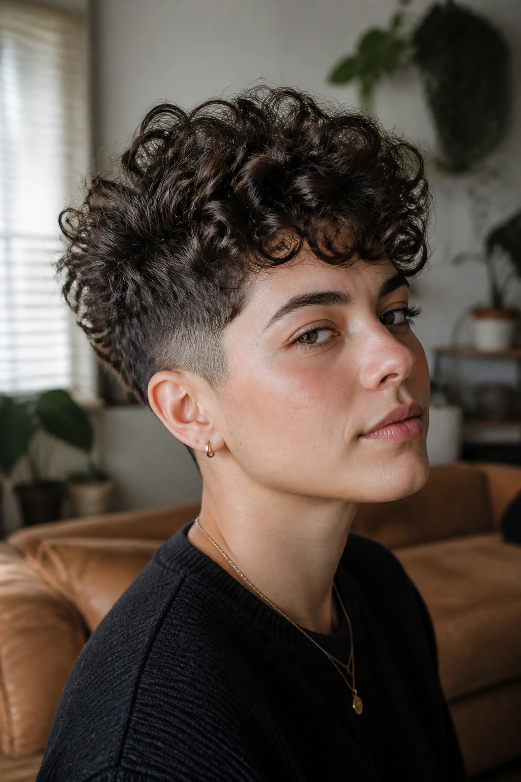 Close-up of a real person with curly crown tomboy cut featuring stacked curls and tapered sides