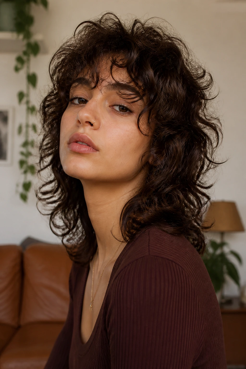 Close-up portrait of a real person with curly crown wolf cut