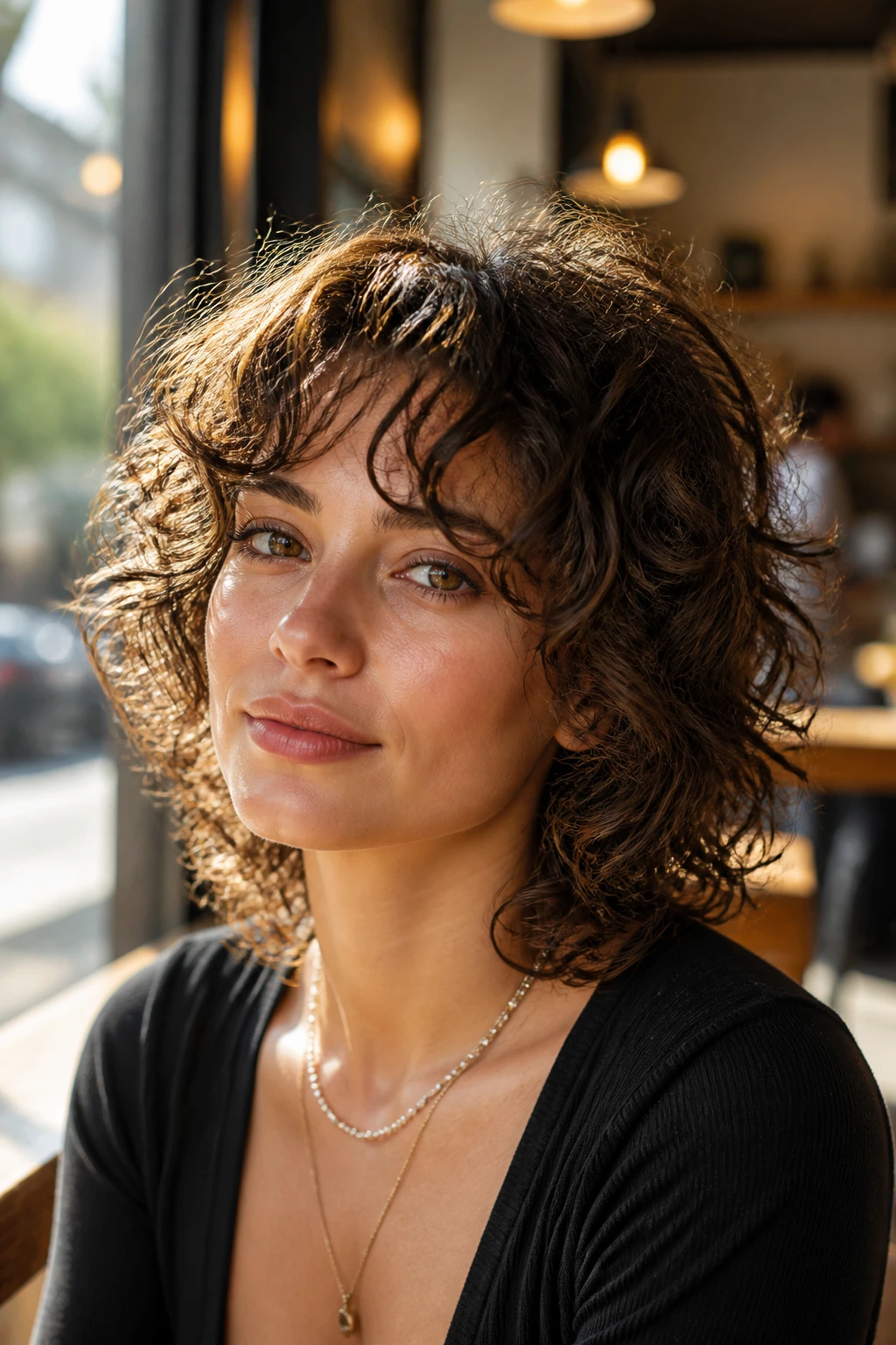 Close-up portrait of a real woman with curly curtain bangs wolf shag hairstyle