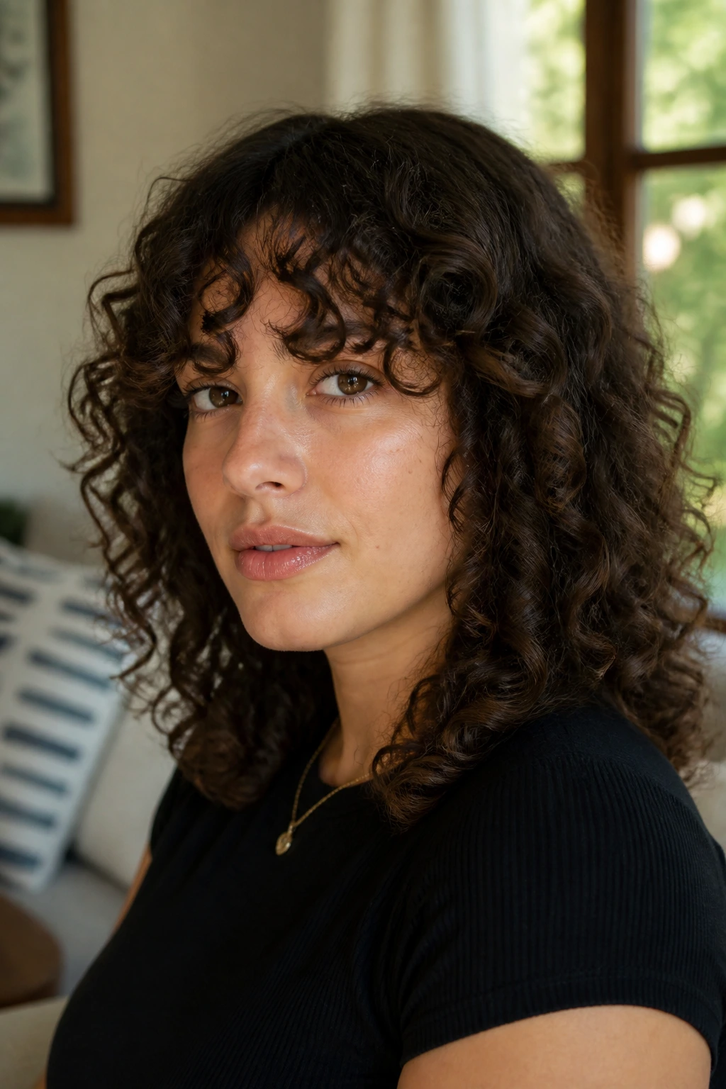 Close-up portrait of a real woman with curly curtain bangs following curl pattern