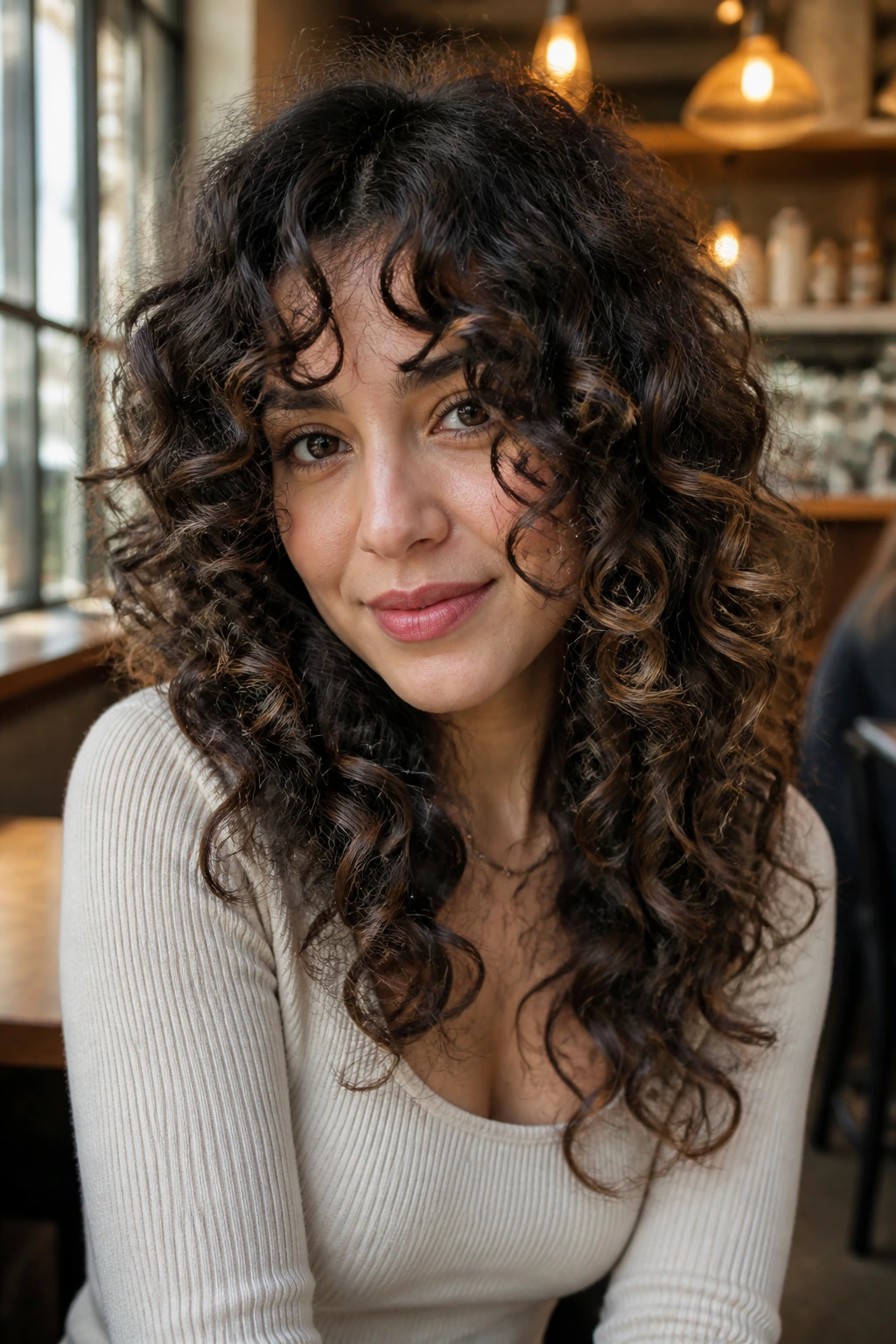 Real person with curly curtain bangs and long layers