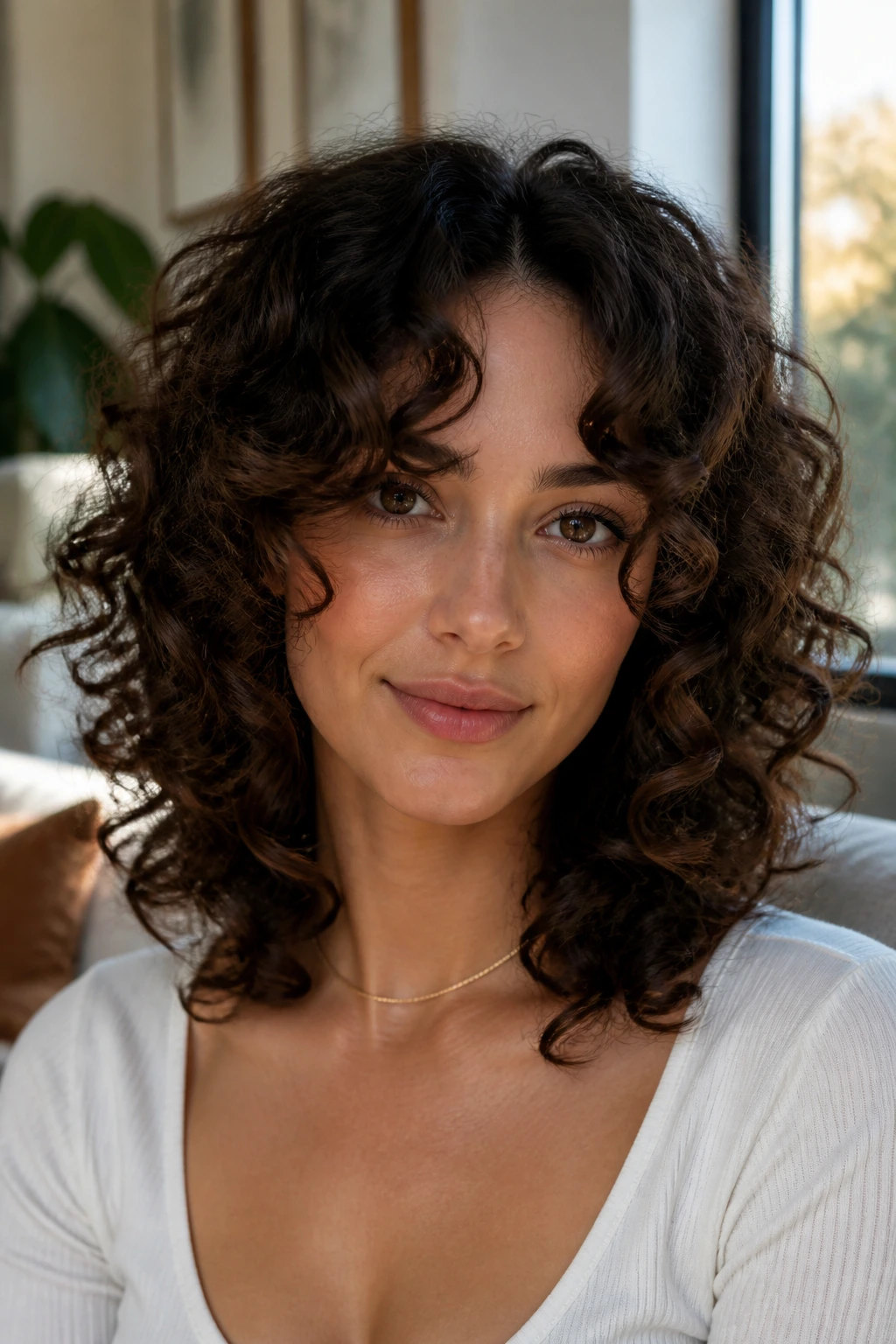 Close-up of a real woman with curly curtain bangs forming a halo around her face