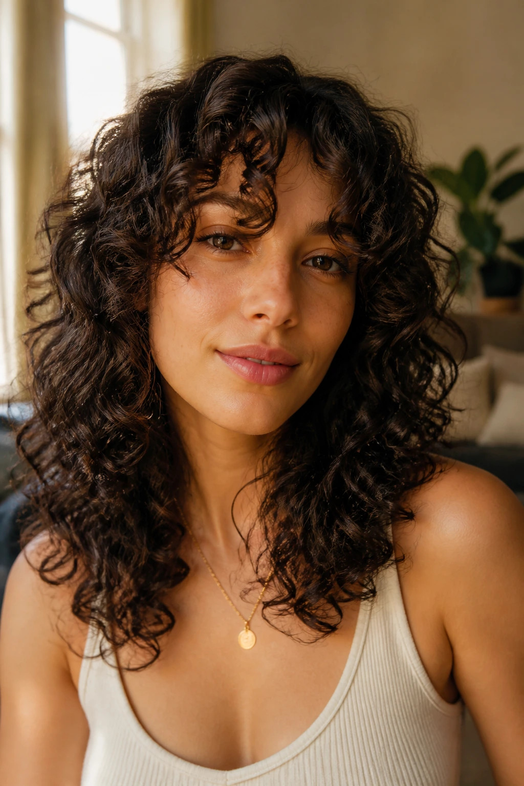 Close-up of a real woman with curly curtain bangs and layered curls in warm window light