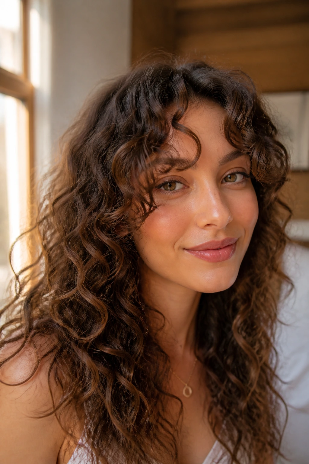 Close-up portrait of a real woman with curly curtain bangs framing the cheeks in a warm bedroom light