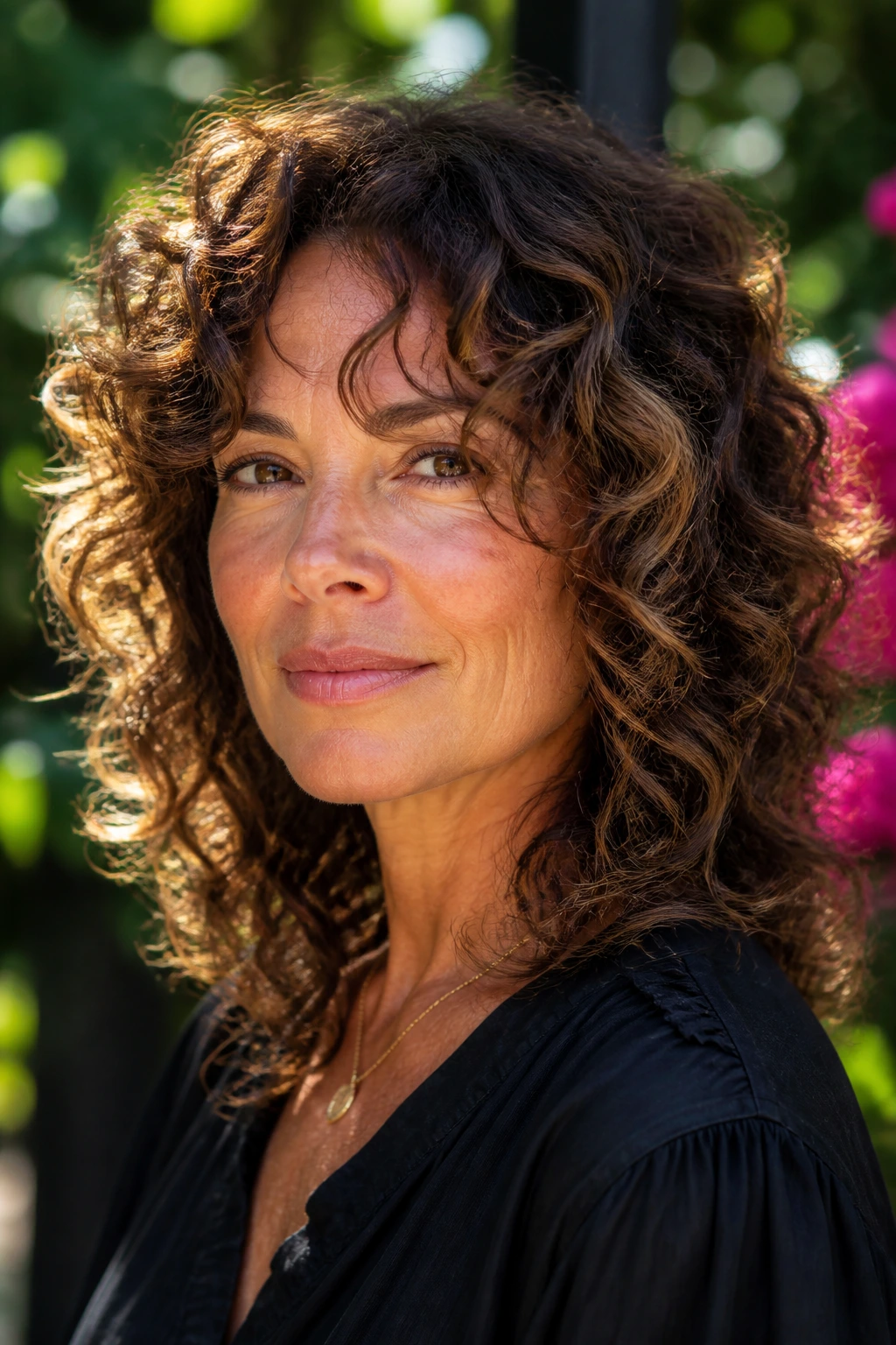 Portrait of a woman with curly curtain bangs in natural light