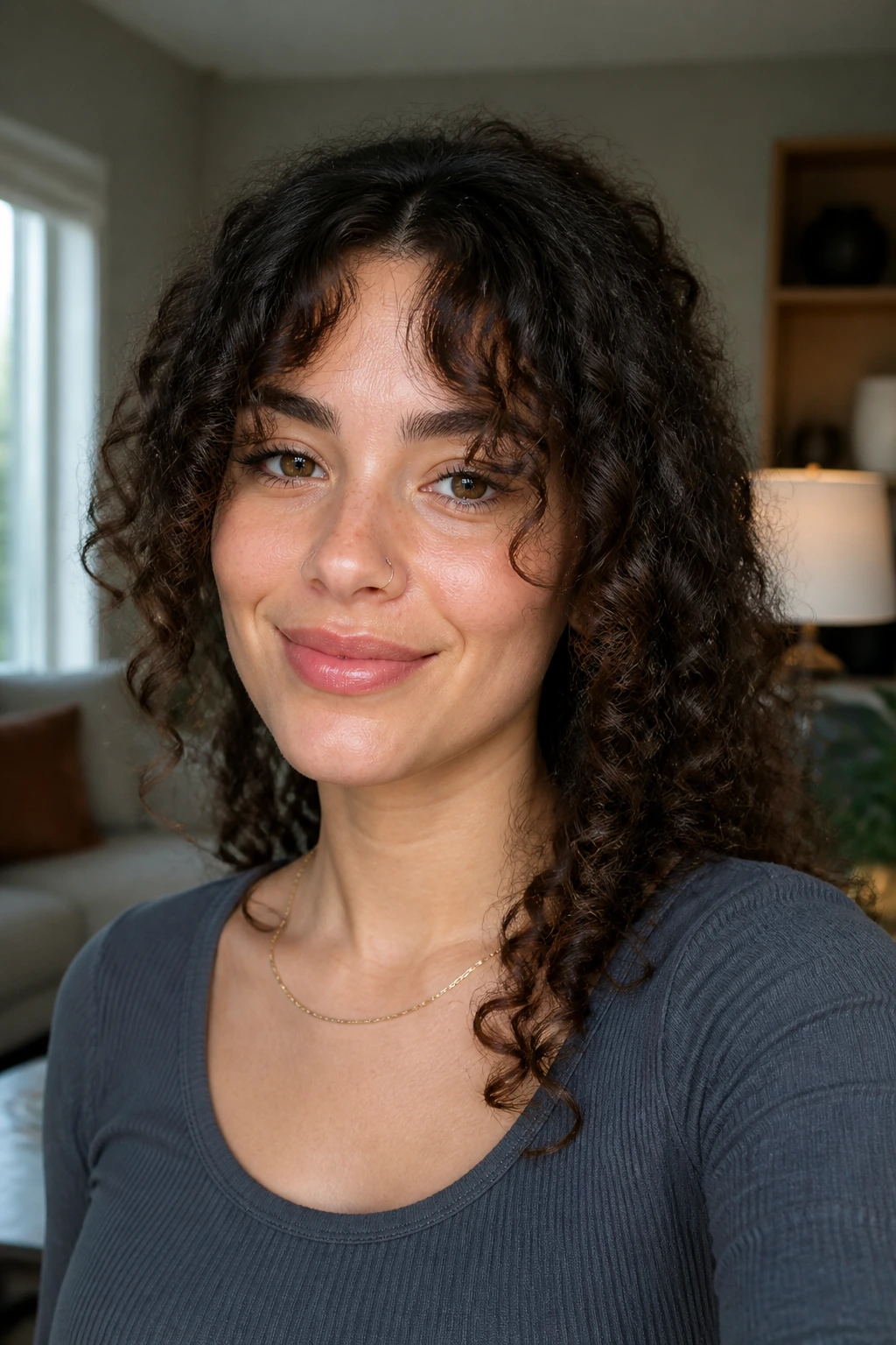 Close-up portrait of a real woman with curly curtain bangs framing the face