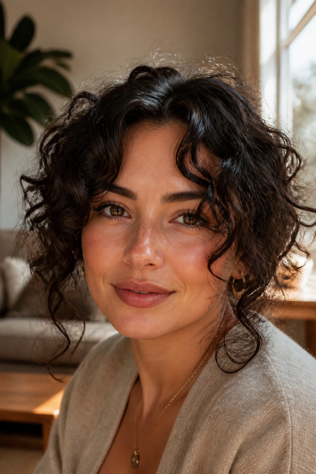 Close-up of curly curtain bangs framing a round face on a real woman