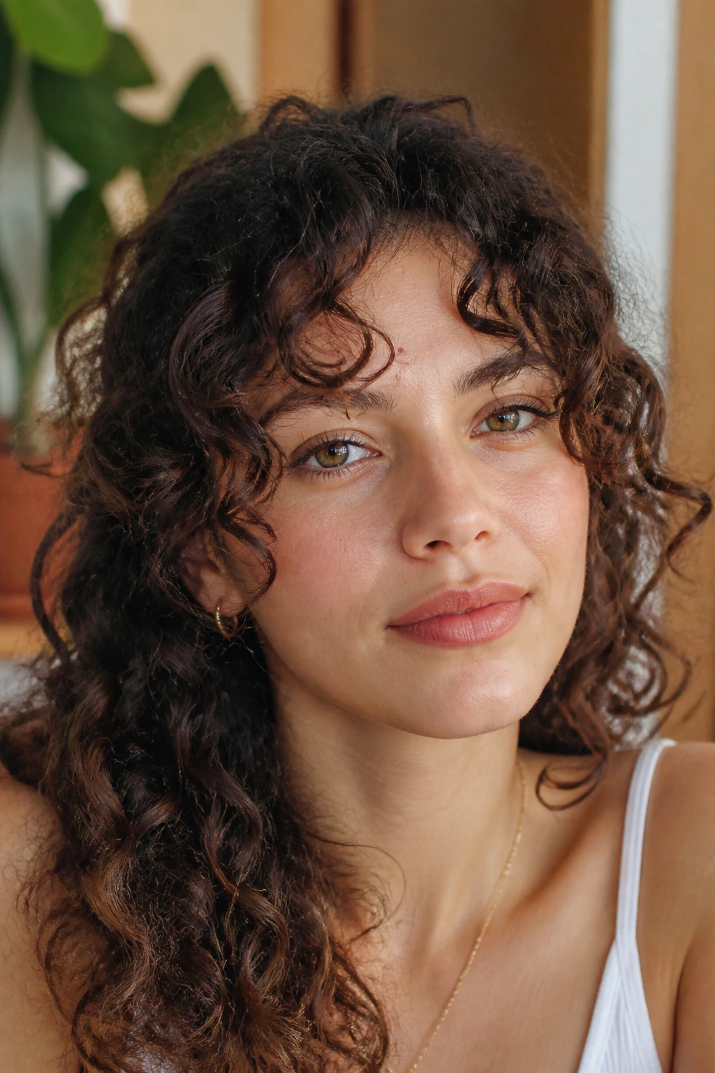 Real woman with curly curtain bangs opening at temples