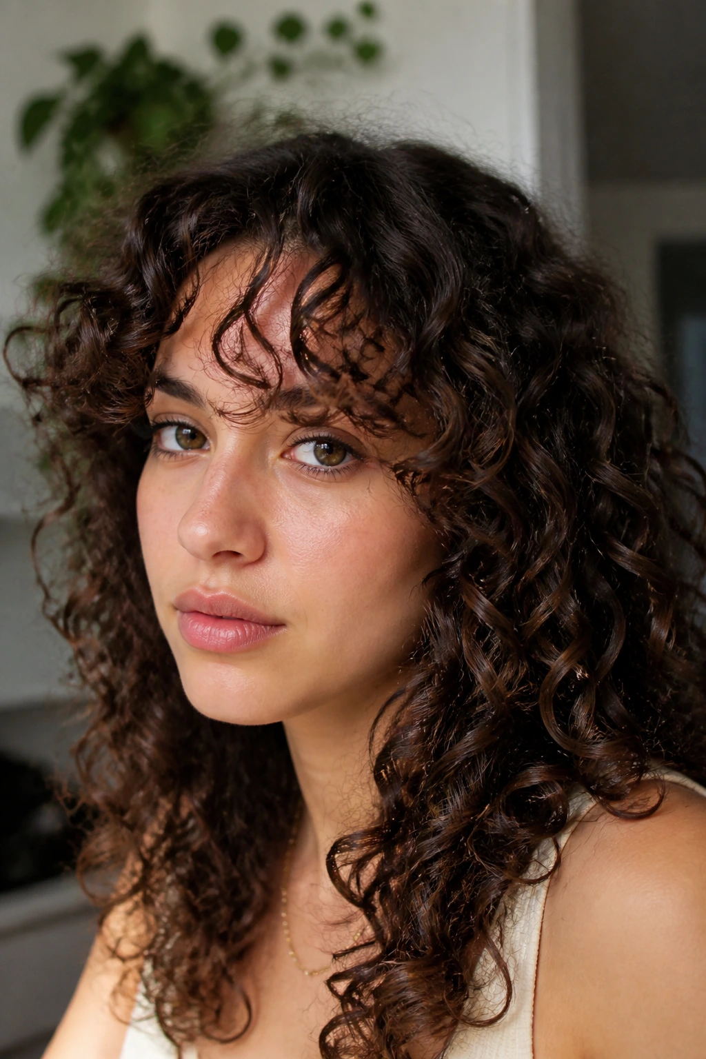 Close-up of curtain bangs on a curly-haired person showing texture-driven shape.