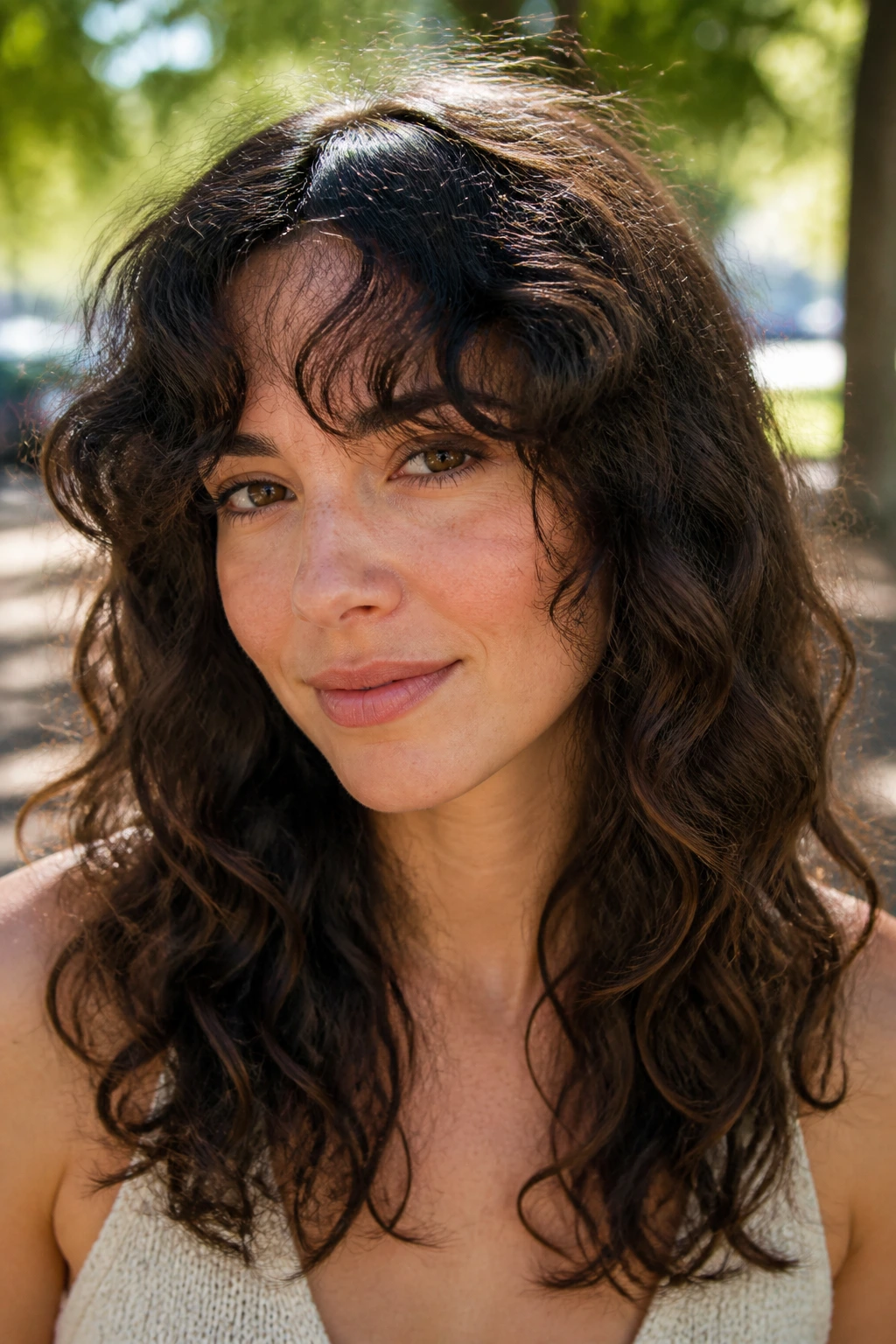 Close-up portrait of a real woman with curly curtain bangs on wavy hair