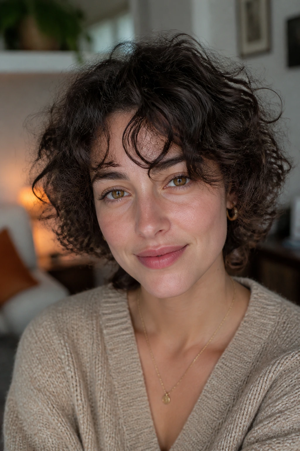 Close-up of a real woman with curly curtain bend hairstyle blending front curls