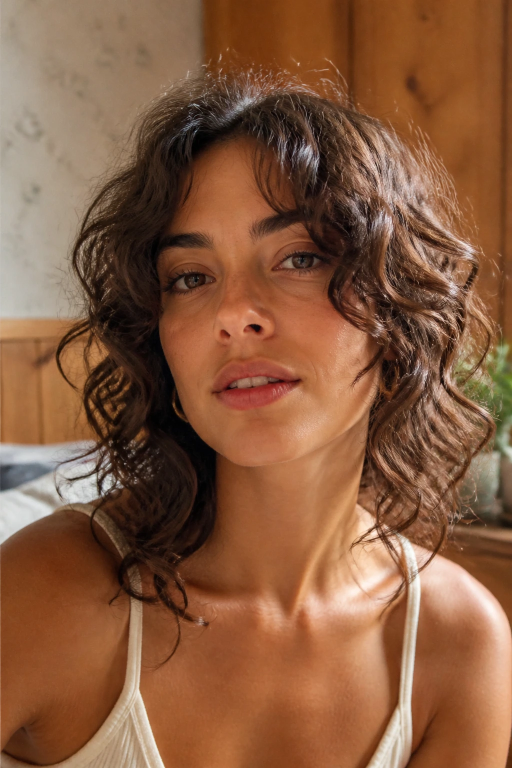 Close-up portrait of a real woman with curly curtain fringe framing the cheeks.