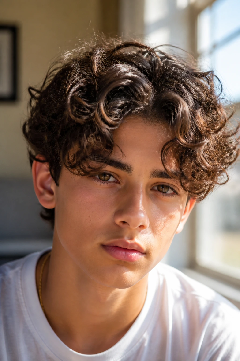 Close-up of a real boy with middle-parted front curls forming a curtain