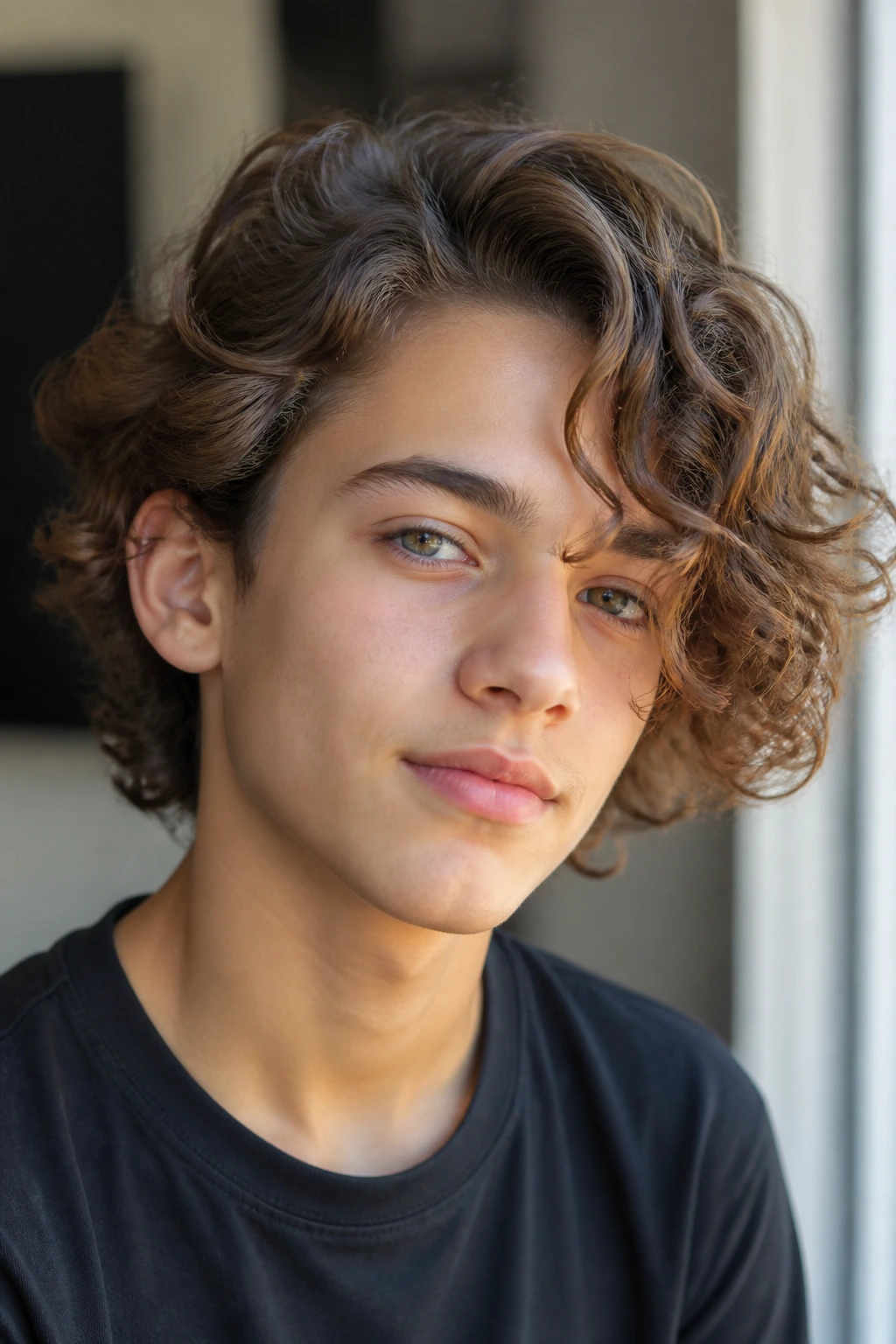 Boy with curly curtains and a soft side bend.