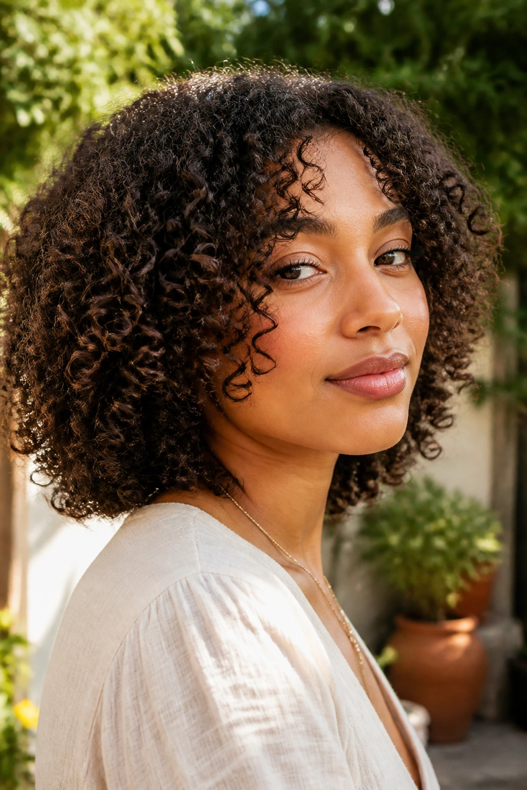 Close-up of a real person with curly curve cut framing the face.