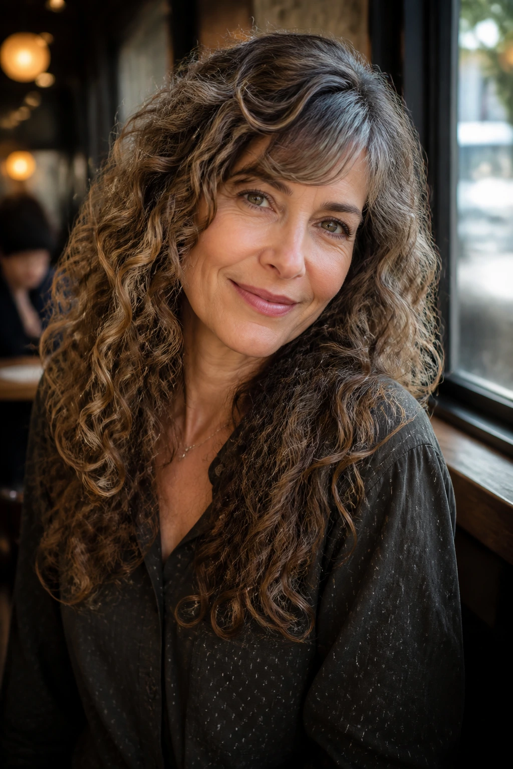 Portrait of a woman with curly hair and side-swept bangs across the forehead