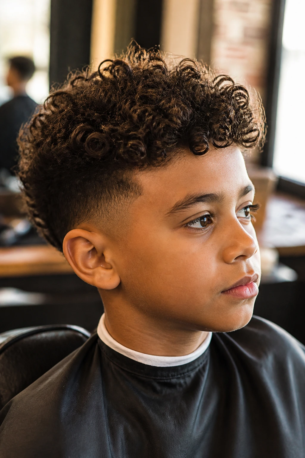 Close-up portrait of a real boy with curly hair in a barber chair
