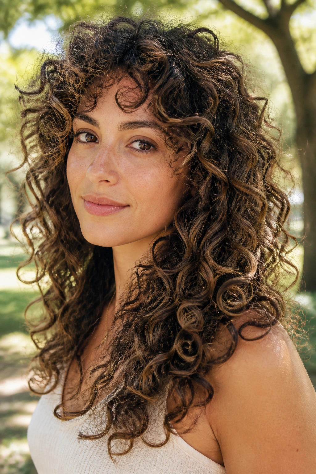 Close-up portrait of a real woman with curly dry-cut layers and defined curls.