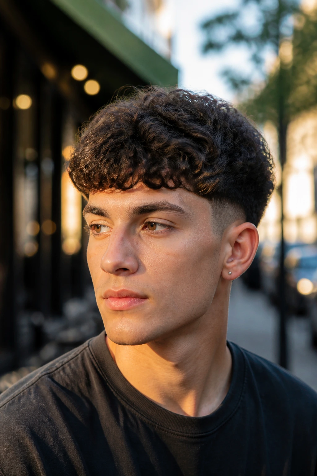 Portrait of a man with Curly Edgar Cut showing forward fringe and natural curl pattern in an outdoor setting.