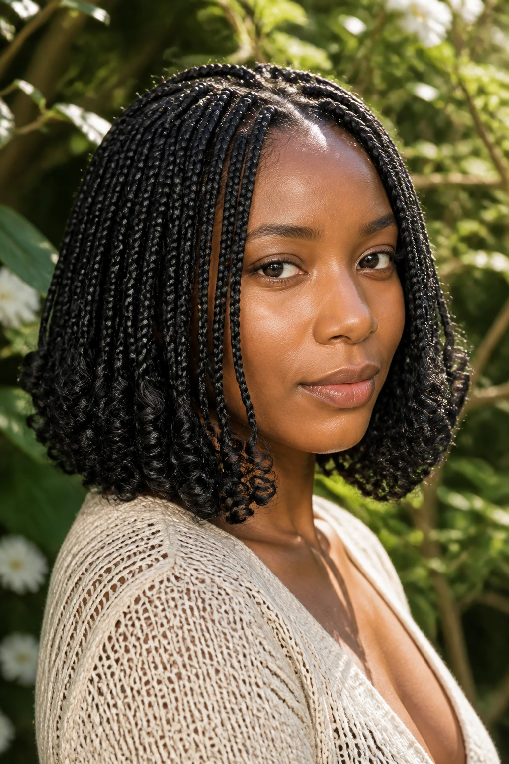 Real person with curly-end bob box braids and soft curls at the ends.