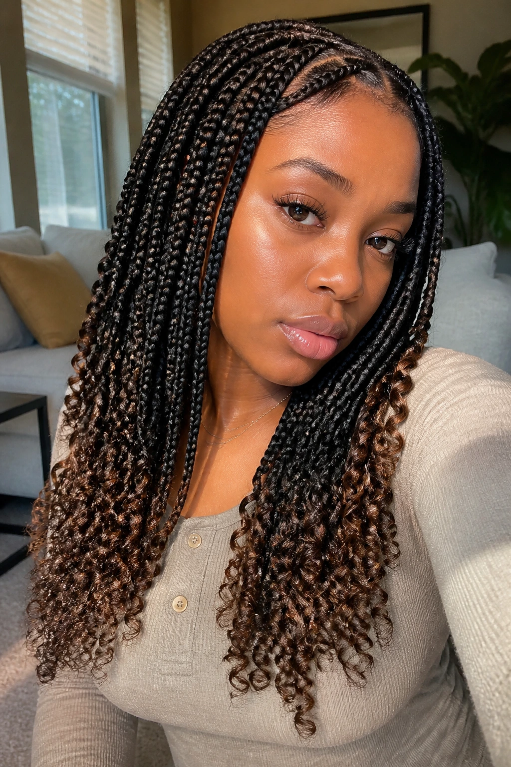 Close-up portrait of a woman with curly-end box braids