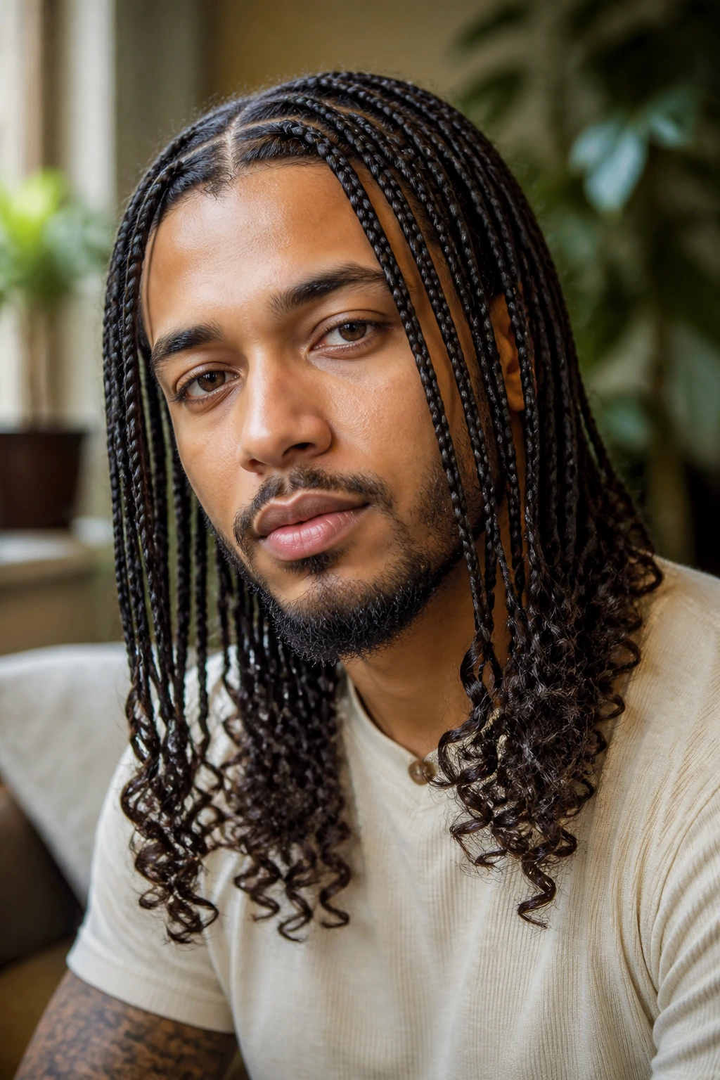 Man with curly-end braids close-up portrait
