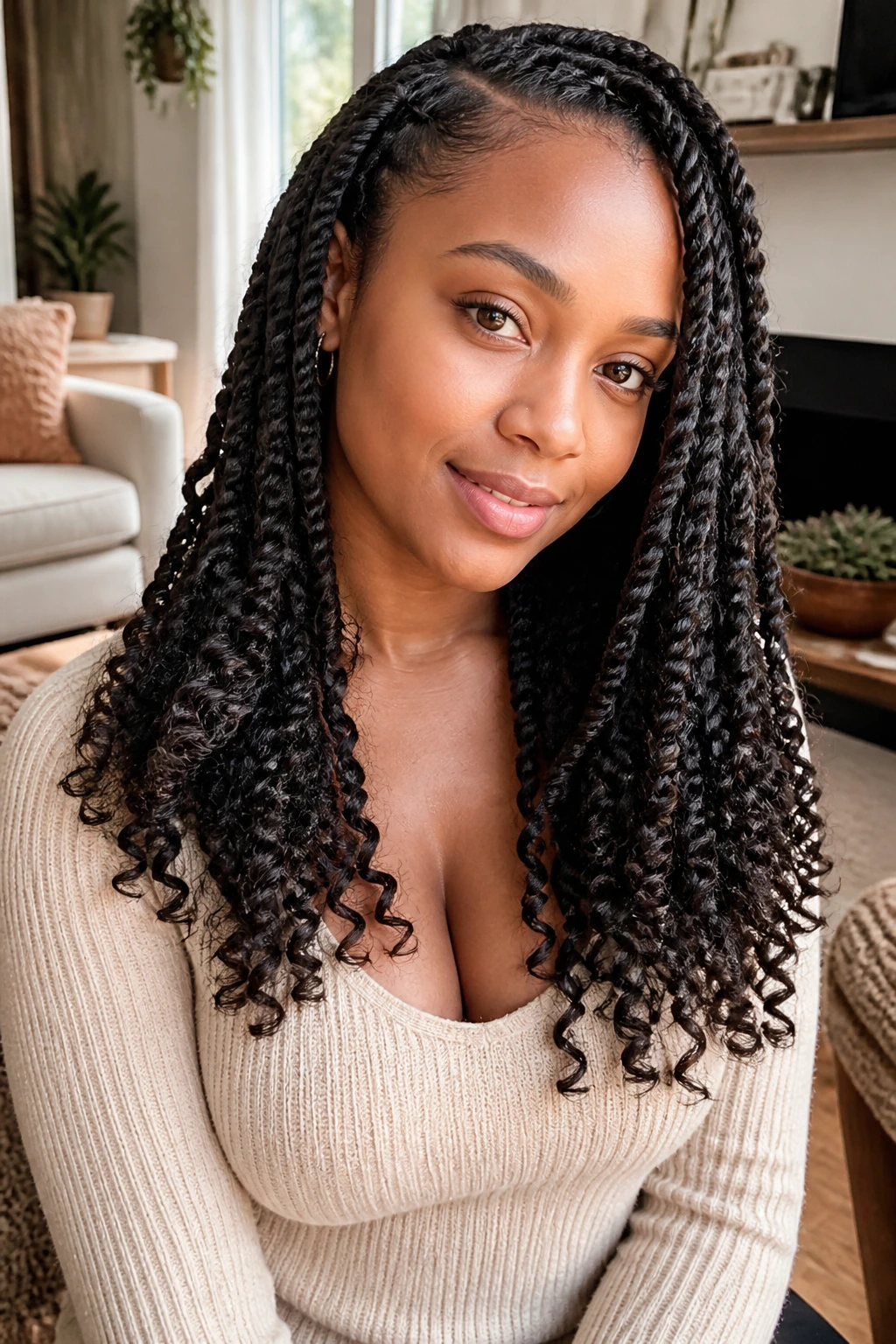 Close-up of a real woman with curly-end goddess twists ending in loose curls