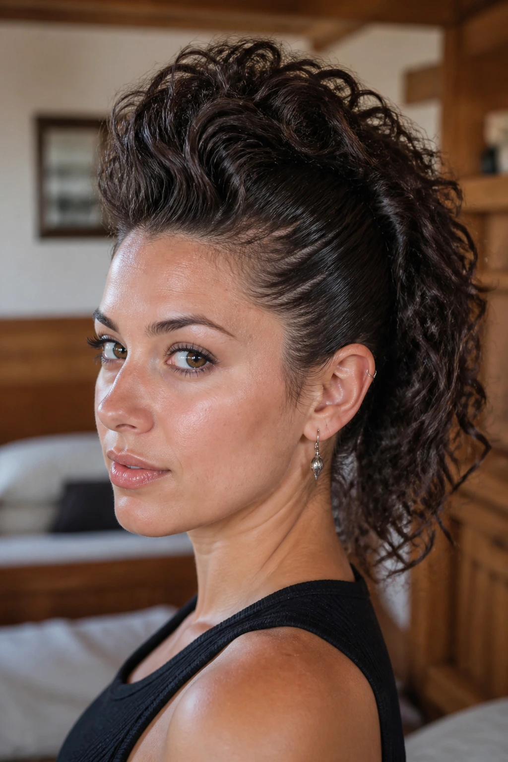 Close-up of Curly-End Hawk hairstyle on a real woman with smooth roots and loose curls.