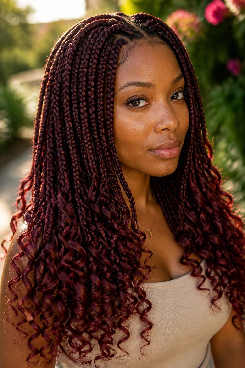 Portrait of a real woman with curly-ended burgundy knotless braids outdoors