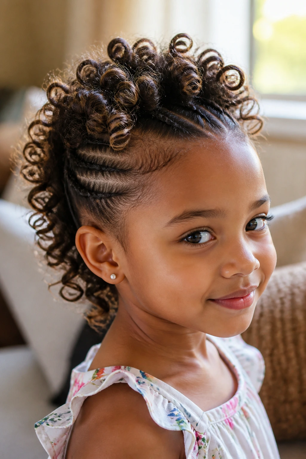 Close-up of a girl with flat-sides and curling ends in a Curly-Ends Mohawk