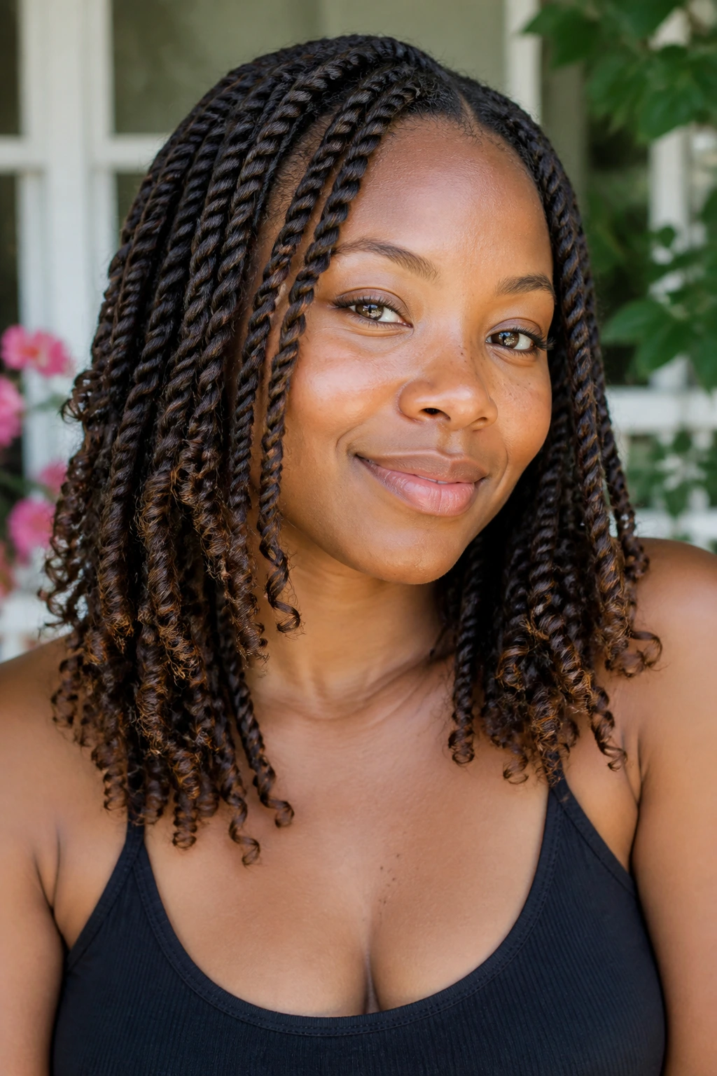 Close-up of a real person with twists ending in curly ends