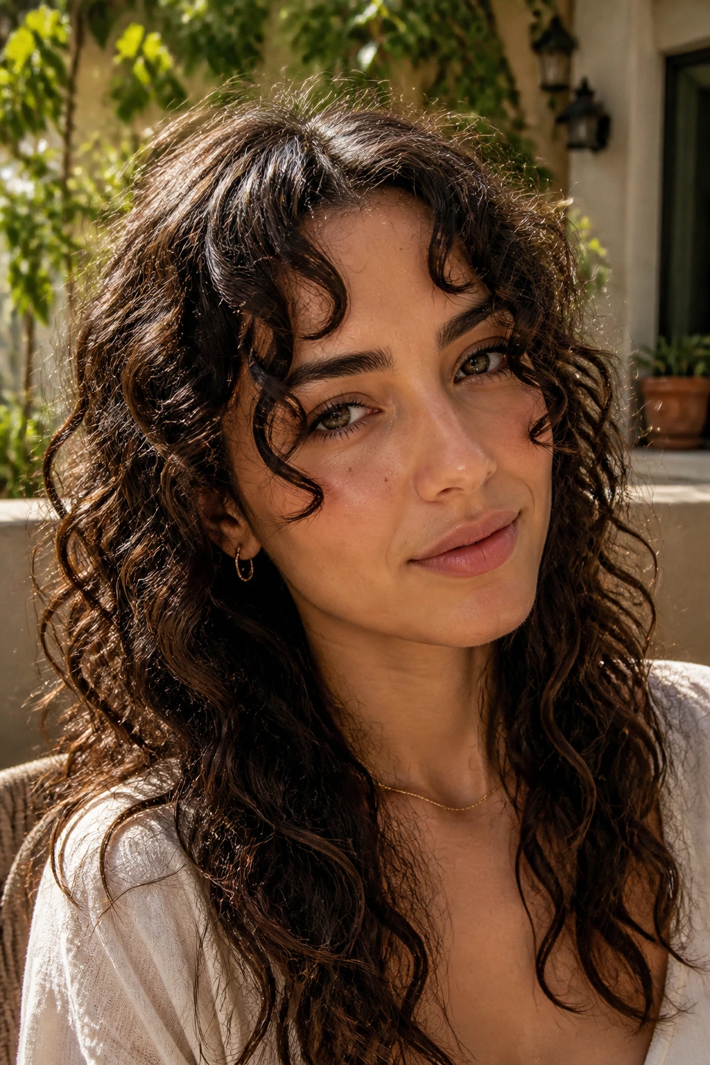 Close-up of a real woman with curly face-framing bangs