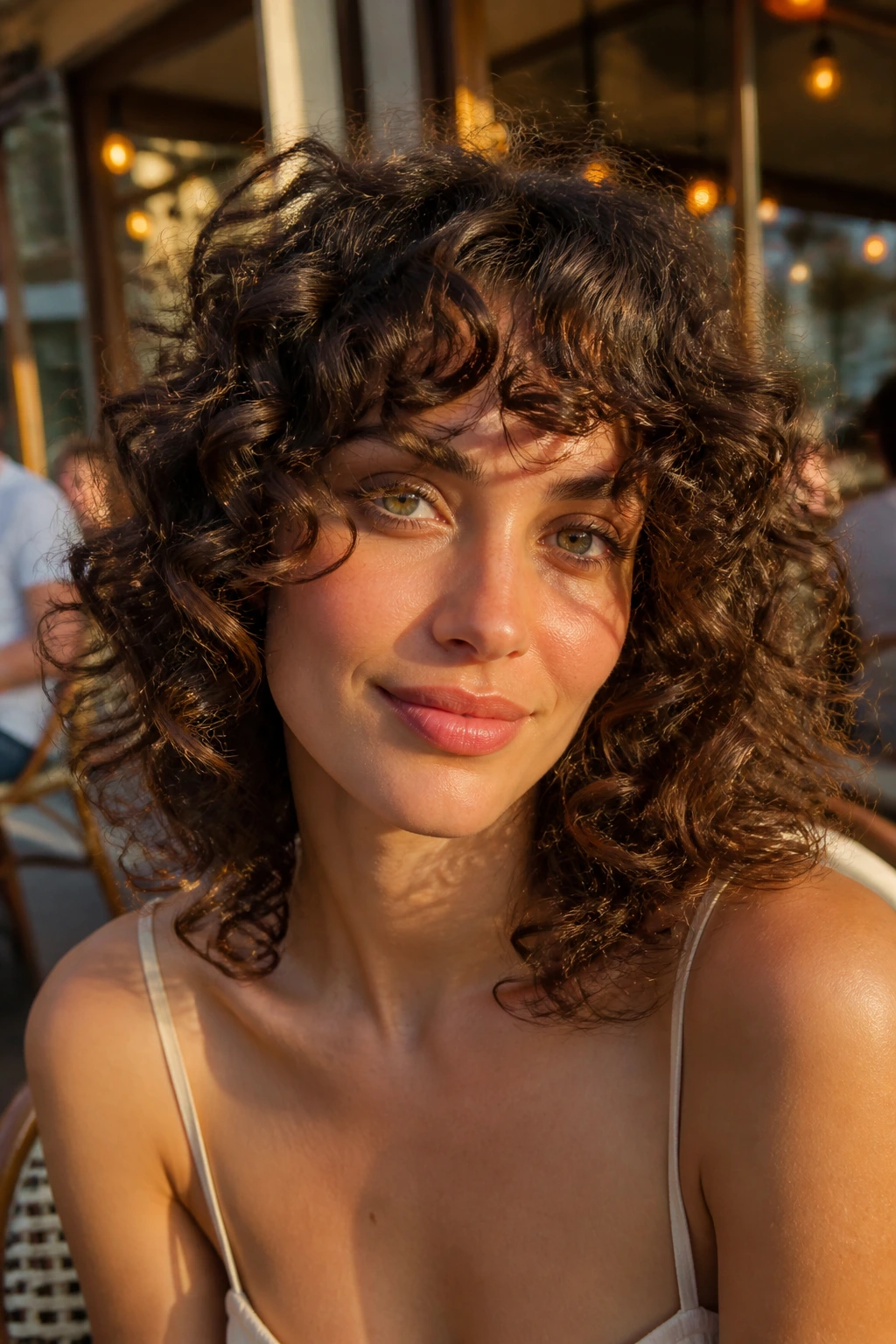 Close-up portrait of a real woman with curly hair showing face-framing layers and halo.