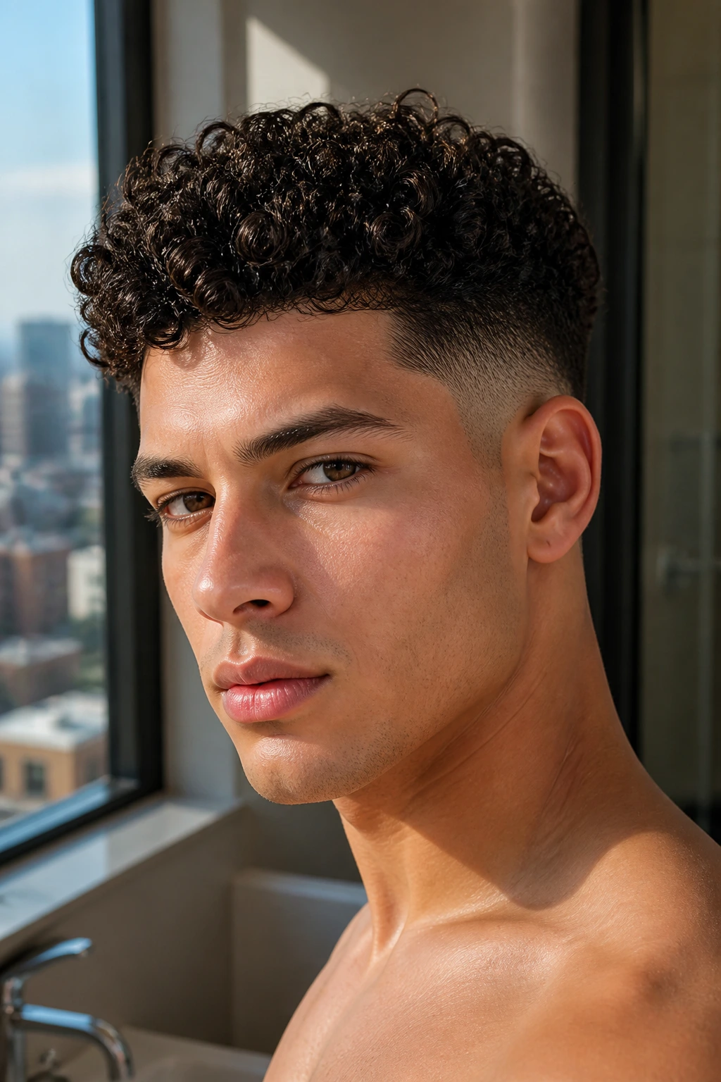 Close-up of a man with curly top fade and defined curls in natural window light