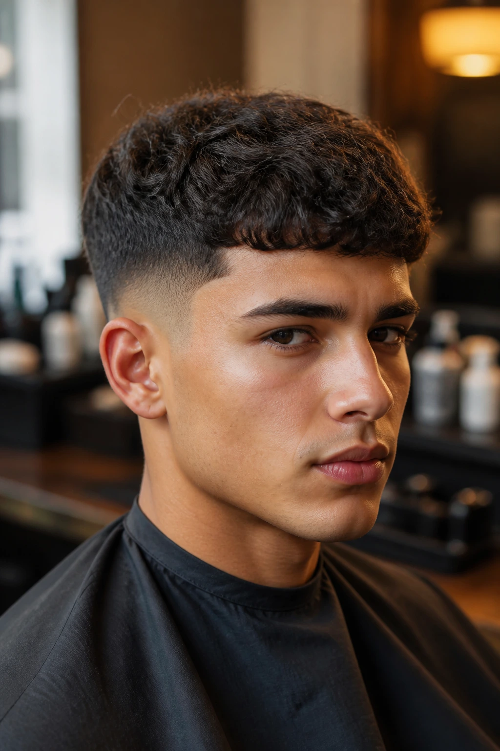 Close-up portrait of a real person with a French crop curly fade in a barber shop.