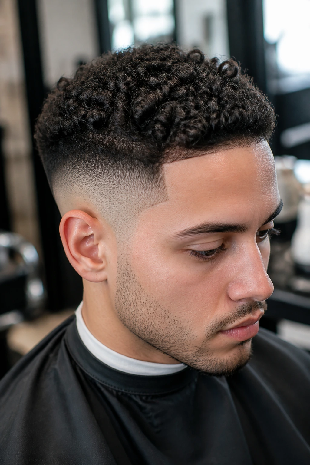 Close-up of curly fade on a real head illustrating hold after drying.