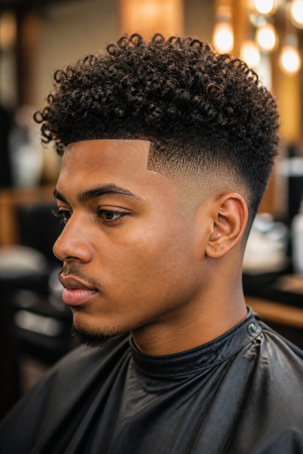 Close-up of a real person with a curly fade showing bounce in a warm salon setting