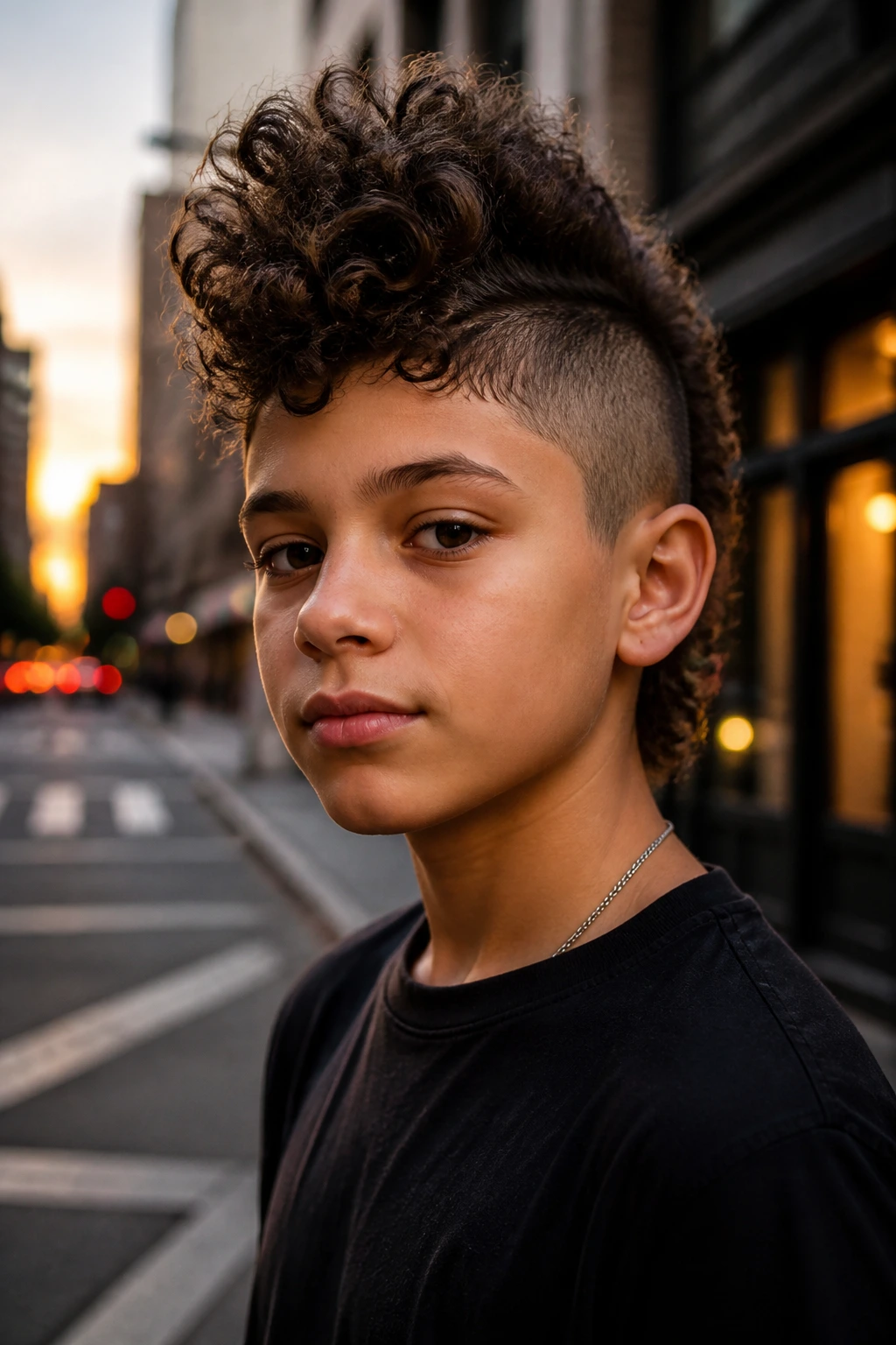 Head-and-shoulders portrait of a real boy with a curly faux hawk against an urban background