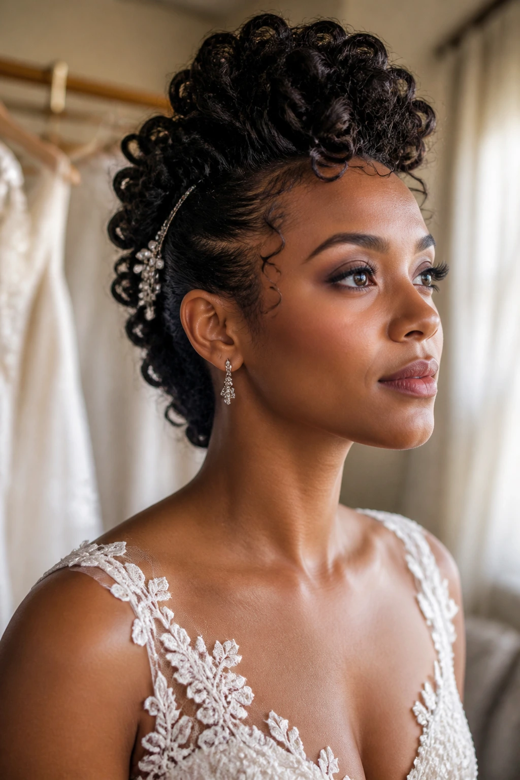 Close-up of a real bride with curly faux hawk and pinned sides