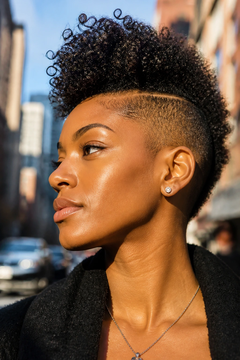 Close-up of a real person with a curly faux hawk and close-cut side