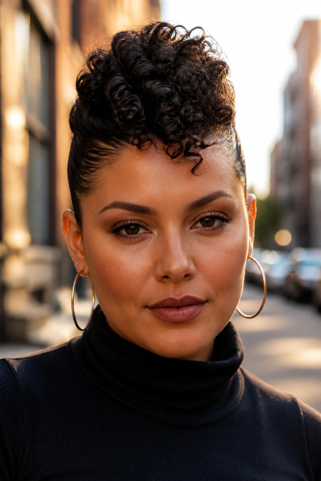 Close-up of a real woman with curly faux hawk against urban sunlit backdrop