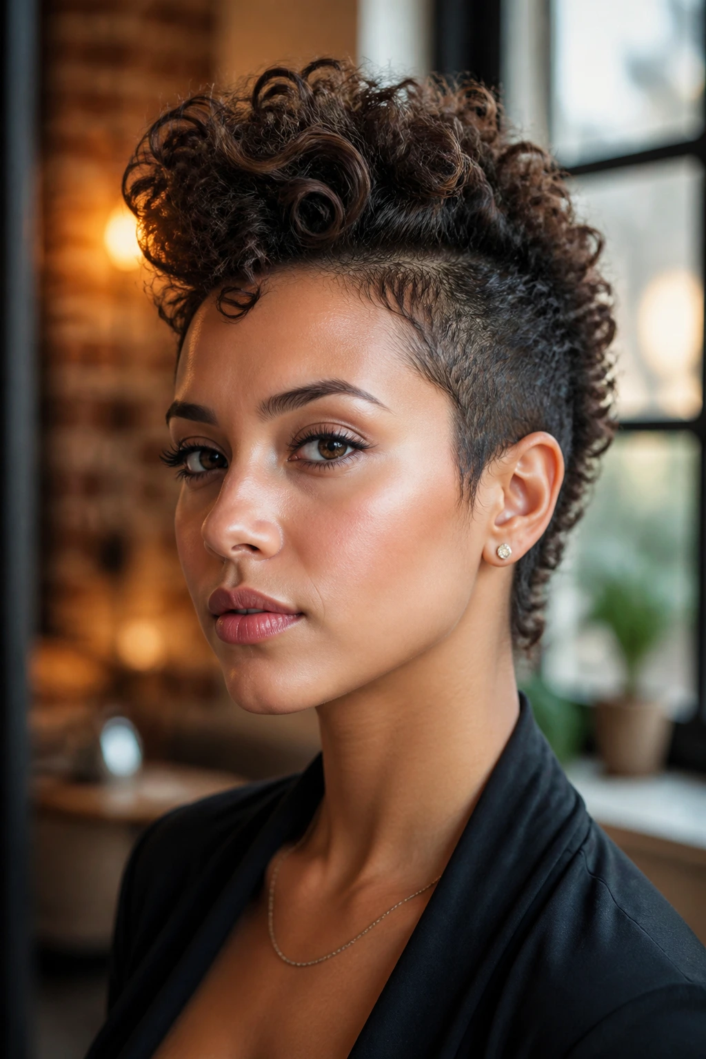 Close-up portrait of a real person with a curly faux hawk, sides smoothed, center volume