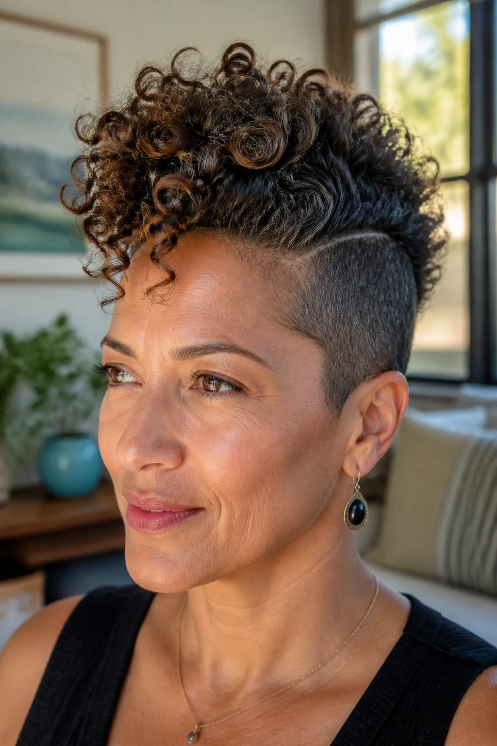 Real woman with curly faux hawk and tapered sides in a sunlit room