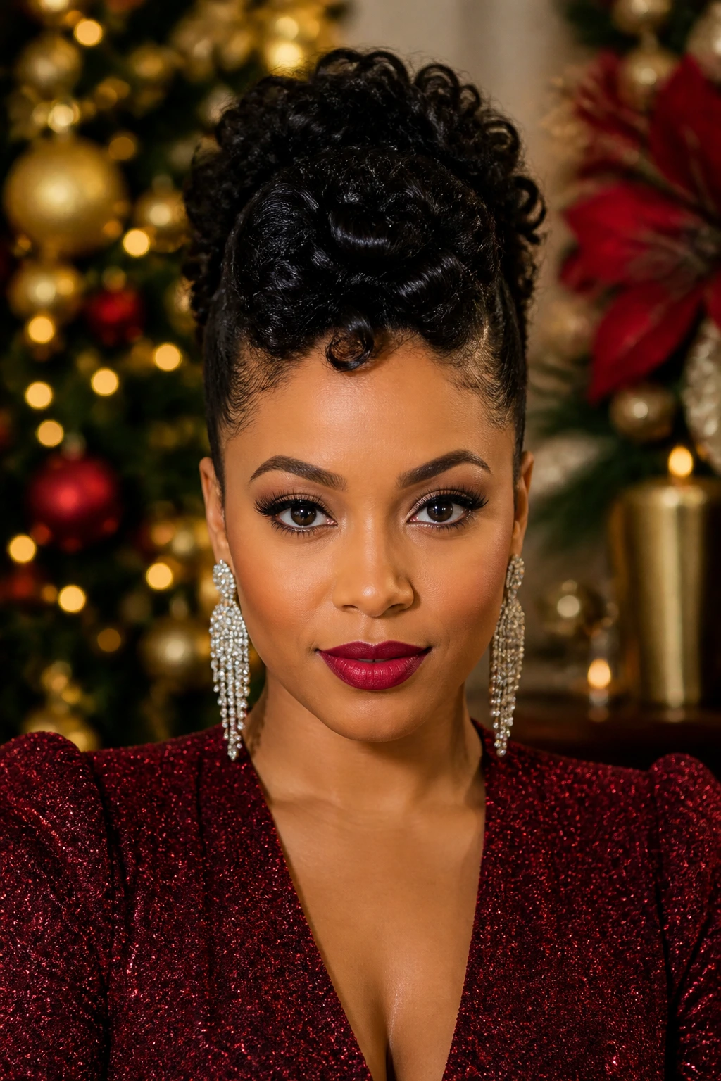 Real woman with curly faux hawk and tucked sides, bold holiday hairstyle in festive setting.
