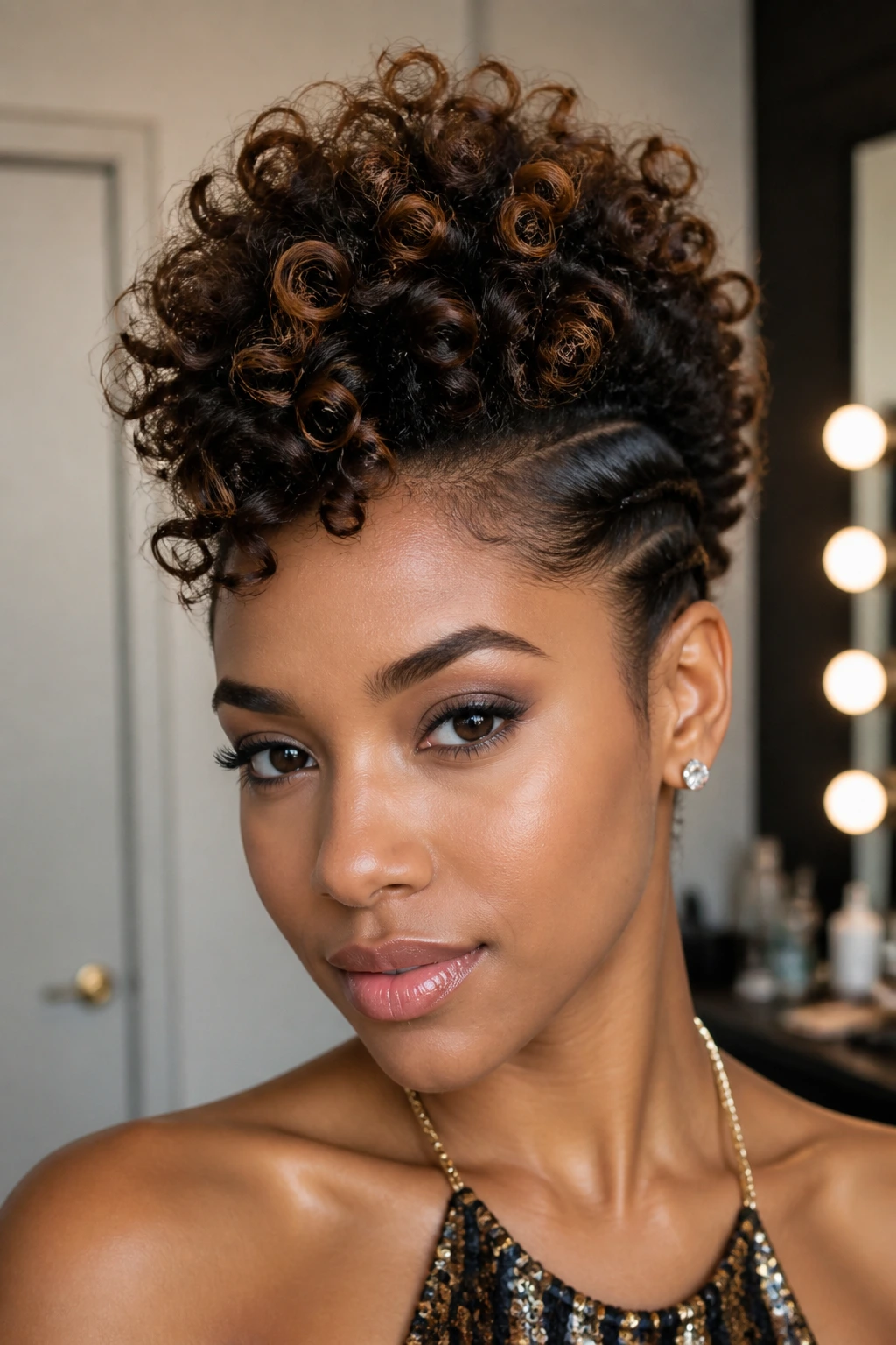 Portrait of a real person with a curly faux hawk and tucked sides