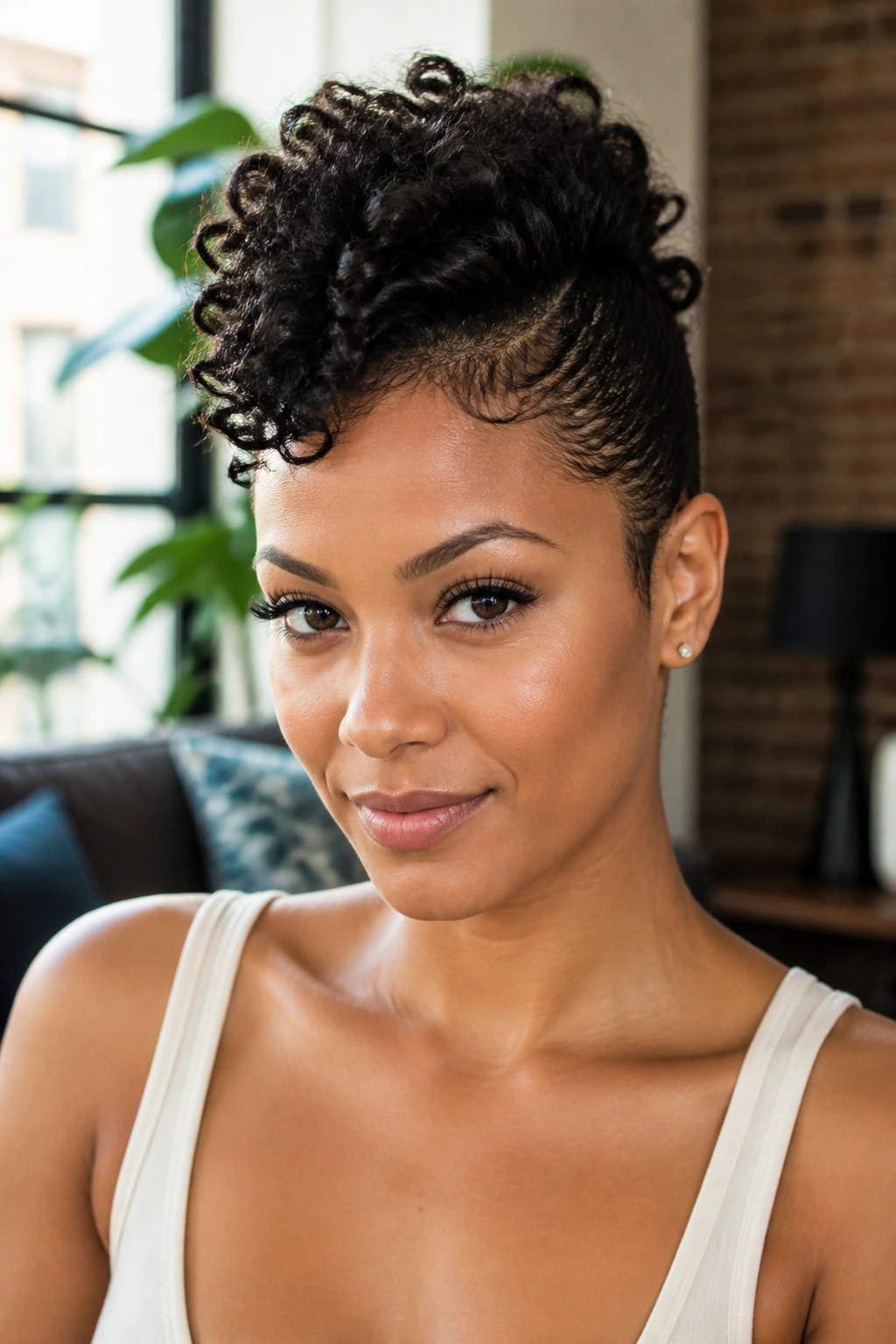 Portrait of a woman with a curly faux hawk hairstyle.